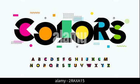 Colors font letters alphabet. Creative art, modern logo typography. Color typographic design with memphis style elements. Vector letter set Stock Vector