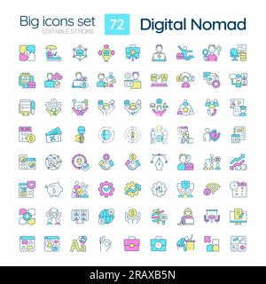Digital nomad RGB color big icons set Stock Vector