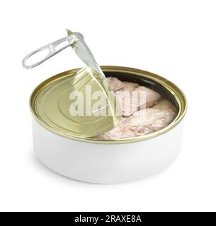 Open tin can of tasty cod liver on white background Stock Photo