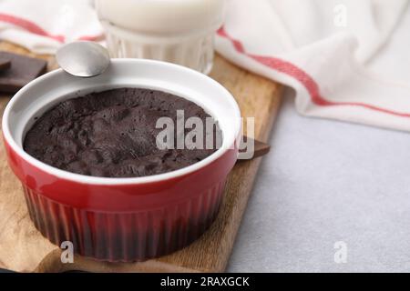 tasty chocolate pie on light grey table space for text microwave cake recipe