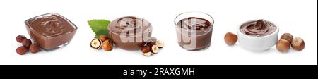 Yummy chocolate paste in bowls and hazelnuts on white background, collage design Stock Photo