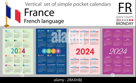 French vertical set of pocket calendar for 2024 (two thousand twenty four). Week starts Monday. New year. Color simple design. Vector Stock Vector