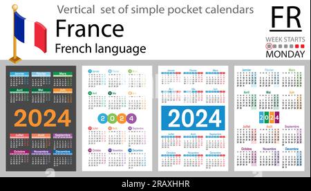 French vertical set of pocket calendar for 2024 (two thousand twenty four). Week starts Monday. New year. Color simple design. Vector Stock Vector