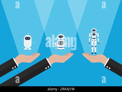 Hands are showing android robots. Cyborg Technology and Futuristic Intelligence Machine. Vector illustration Stock Vector
