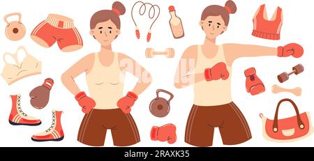 Boxing female sports collection. Cute girls in boxing gloves, sport equipment, kettlebell, boots, sportswear, jump rope and dumbbells. Vector illustra Stock Vector