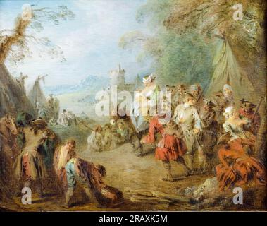 Jean-Baptiste Pater, Encampment (Soldiers Halt), painting in oil on panel, before 1736 Stock Photo