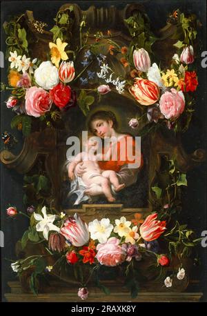 Cornelis Schut and Daniel Seghers, Garland of Flowers, with, Madonna and Child, painting in oil on panel, 1600-1649 Stock Photo
