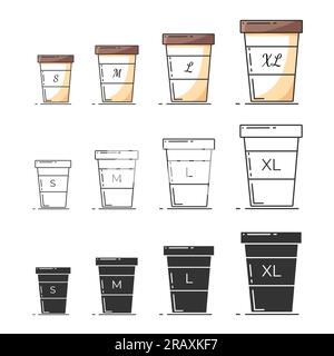 Small medium large coffee menu. Brown,white,black colors isolated.Different sizes of take away paper cups.Vector art Stock Vector