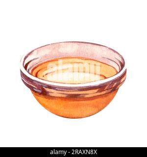 Oil in bowl watercolor hand drawn isolated. Glass transparent colourless container extra virgin vegetable salad dressing. Single icon, realistic style Stock Photo