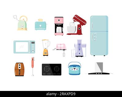 Kitchen appliances set flat pastel color vector in cartoon style. Color cooking electric utensil icon. Set of colorful symbols for kitchen concept Stock Vector