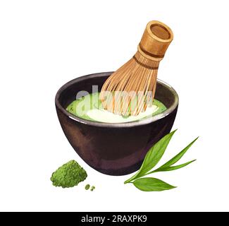 https://l450v.alamy.com/450v/2raxpk9/watercolor-organic-green-japanese-matcha-latte-in-black-cup-whisk-and-dry-leafs-hand-drawn-cartoon-illustration-isolated-on-white-background-tea-2raxpk9.jpg