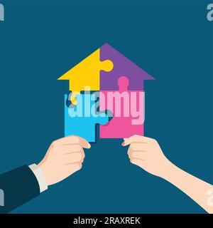 Illustration of a man and woman hand assembling jigsaw puzzle which forming a house Stock Vector