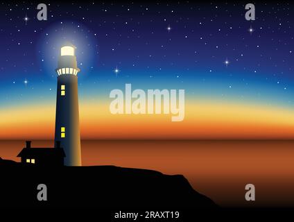 Illustration of a lighthouse during sunset. Mesh gradient in eps10 format. Stock Vector