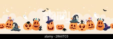 Fun hand drawn halloween horizontal pumpkin seamless pattern, cute pumpkins background, great for banners, wallpapers, textiles, cards - vector design Stock Vector