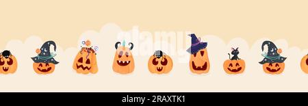 Fun hand drawn halloween horizontal pumpkin seamless pattern, cute pumpkins background, great for banners, wallpapers, textiles, cards - vector design Stock Vector