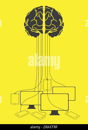 Graphic illustration of human brain wire connected to electronic devices Stock Vector