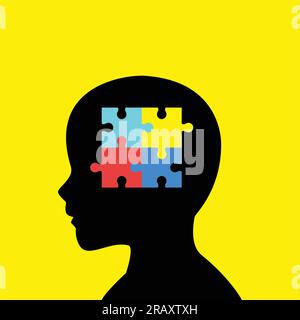 Children head silhouette with colorful jigsaw puzzle symbolizing autism Stock Vector