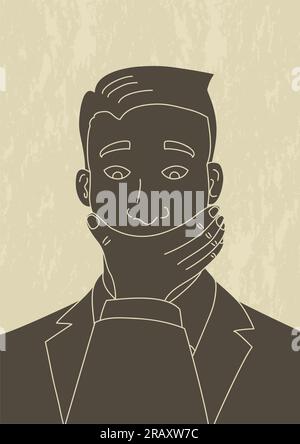 Illustration in retro art style of a man which his mouth being covered by other man's hand Stock Vector