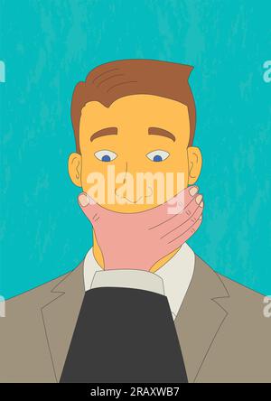 Cartoon illustration in naive art style of a man which his mouth being covered by other man's hand Stock Vector