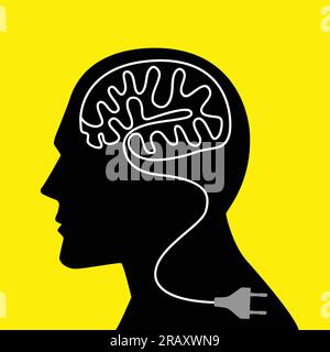 Graphic illustration of a human head with unplug power cable that forming a human brain Stock Vector