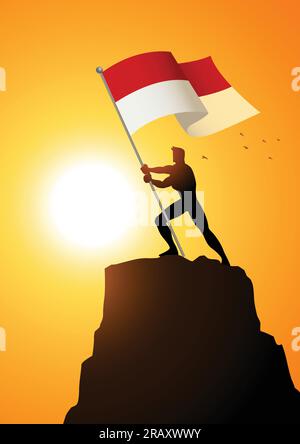 Silhouette illustration of a man holding the flag of Indonesia or Monaco, flag bearer, patriotism concept Stock Vector