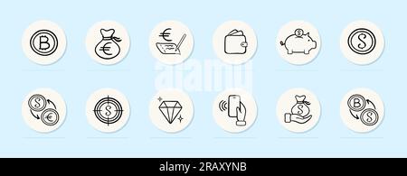 Finance line icon. Bitcoin, e-currency exchange, piggy bank, diamond, euro. Pastel color background. Vector line icon Stock Vector