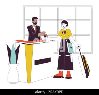 Hotel lobby check in flat line vector spot illustration Stock Vector