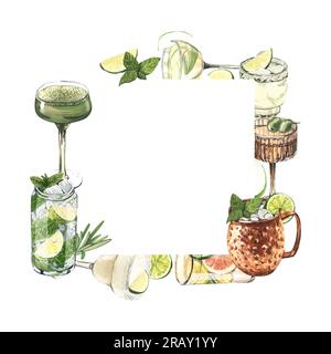 Watercolor frame, cocktail glasses: martini, gin,margarita,mojito,liquor,rum,moscow mule. Hand-drawn illustration isolated on white background Stock Photo