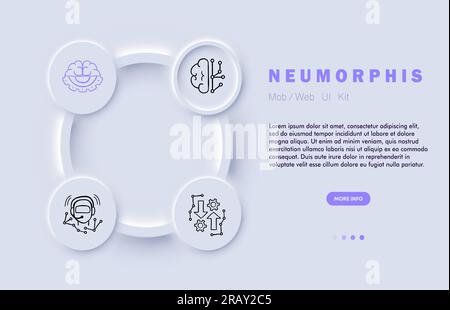 Artificial intelligence line icon. Gears, learning, brain, headphones, arrows Neomorphism steyle Vector line icon Stock Vector