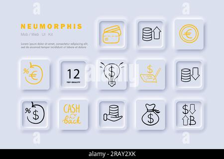 Cashback line icon. Coins, currency, rate, bitcoin, light bulb, credit card Neomorphism steyle Vector line icon Stock Vector