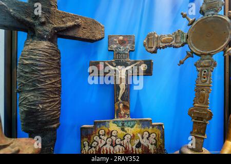 altar cross with purgatory, polychrome wood, XVII century, Peru, Sa Bassa Blanca Museum (msbb) Yannick Vu and Ben Jakober , Alcudia, Majorca, Spain Stock Photo