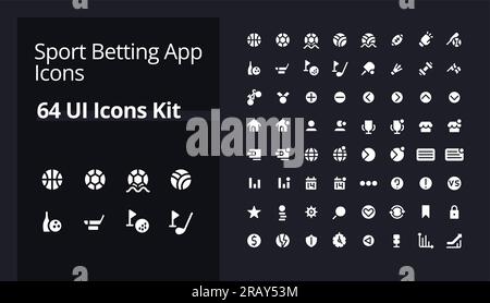 Sport betting online white glyph ui icons kit for dark mode Stock Vector