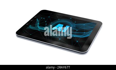AI lettering on tablet pc isolated on white background - artificial intelligence technology concept - 3D Illustration Stock Photo