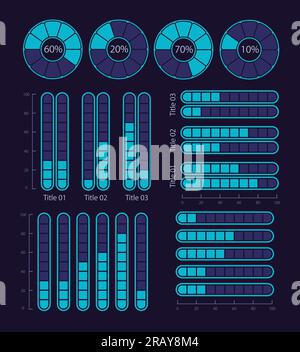 Big data analysis report infographic chart design template set for dark theme Stock Vector