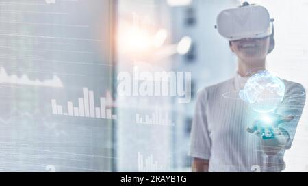 Vr, 3d or happy woman with holographic world for sustainability or global network in office. Virtual reality, metaverse or girl developer with Stock Photo
