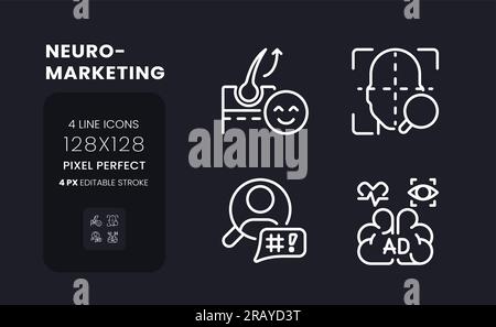Neuromarketing white linear desktop icons on black Stock Vector
