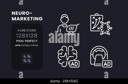 Neuro marketing white linear desktop icons on black Stock Vector