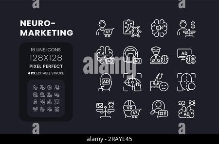 Neuromarketing white linear desktop icons on black Stock Vector