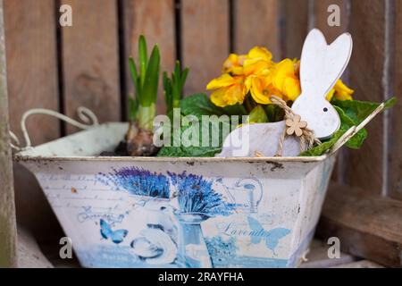 Spring pot with flowers and bunny. Spring garden decor. Stock Photo