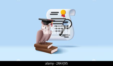 3d owl illustration in graduation cap and diploma or certificate with stamp, education degree Stock Vector
