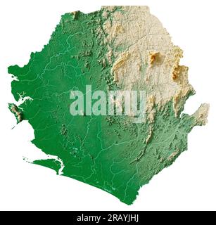 Sierra Leone. Highly detailed 3D rendering of shaded relief map with rivers and lakes. Colored by elevation. Pure white background. Satellite data. Stock Photo