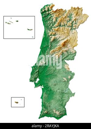 Portugal, Azores, Madeira. Detailed 3D rendering of shaded relief map with rivers & lakes. Colored by elevation. White background. Satellite data. Stock Photo