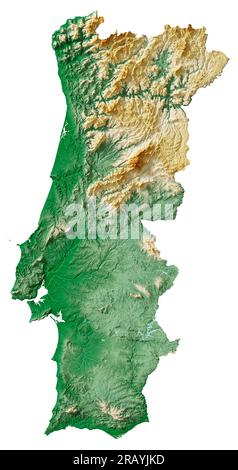 Portugal. Highly detailed 3D rendering of shaded relief map with rivers and lakes. Colored by elevation. Pure white background. Satellite data. Stock Photo