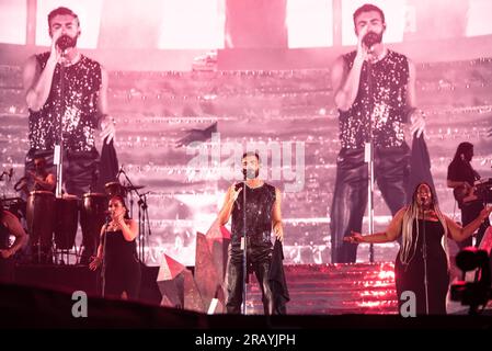 Torino, Italia. 5 luglio 2023. the Italian singer Marco Mengoni performed live on the stage of the Stadio Grande Torino. Credit: Andrea Pinna Stock Photo