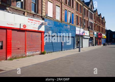 The older shopping area in Bury is now mainly shuttered and run down Stock Photo