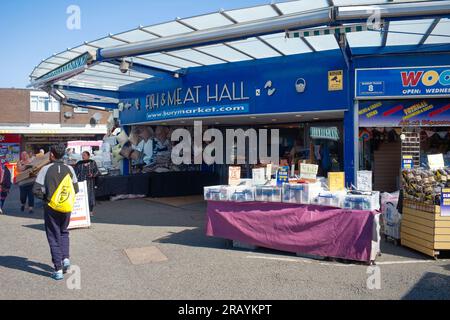 The entrance to the fish and meat hall at the famous Bury market Stock Photo