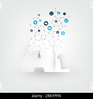 Artificial Intelligence, Internet of Things and Smart Technology Concept Design with Network Mesh, AI Logo and Icons - Vector Illustration Stock Vector