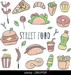 Colored hand drawn street food set. Retro fast food sketch. Simple takeaway snack in doodle style, isolated vector illustration Stock Vector