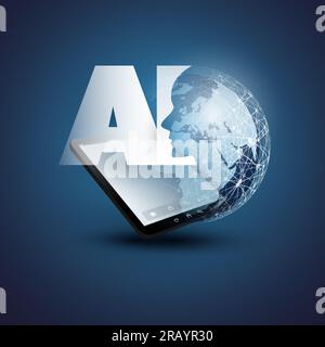 Blue Machine Learning, Artificial Intelligence, Cloud Computing and Networks Design Concept with Earth Globe, Tablet PC, Mesh and AI Label Stock Vector