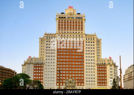 Madrid, Spain - July 19, 2022: The hotel Riu building. The structure features a modern architectural design with multiple floors and windows. Stock Photo